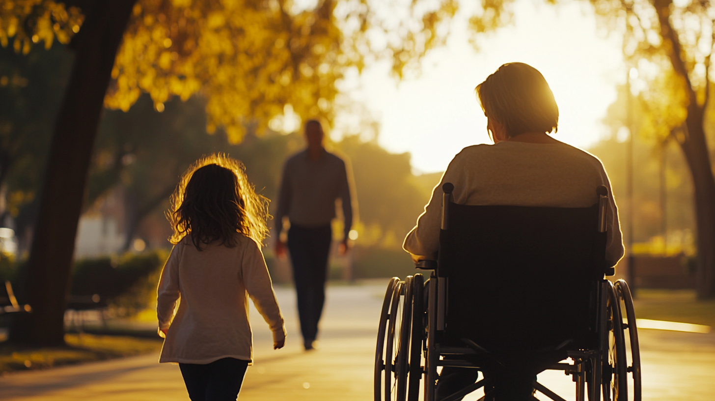 Femme en fauteuil roulant regardant son enfant s'éloigner | Source : Midjourney