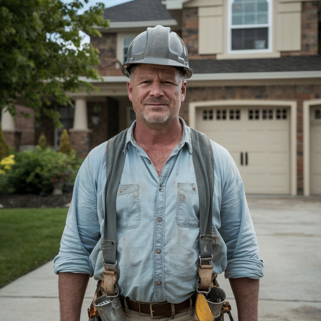 Un homme en tenue de chantier sourit d'un air contrit | Source : Midjourney