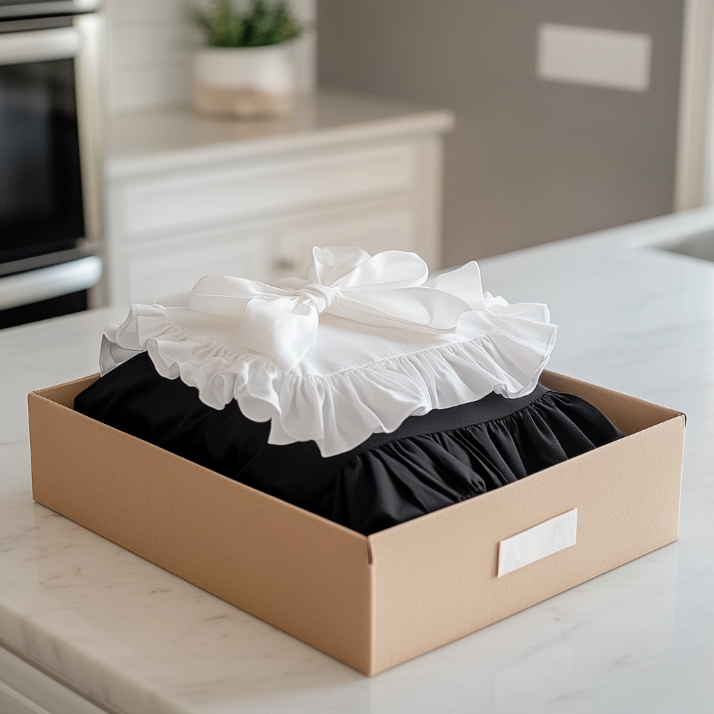 Un tablier blanc à froufrous et une robe noire à l'intérieur d'une boîte cadeau | Source : Midjourney