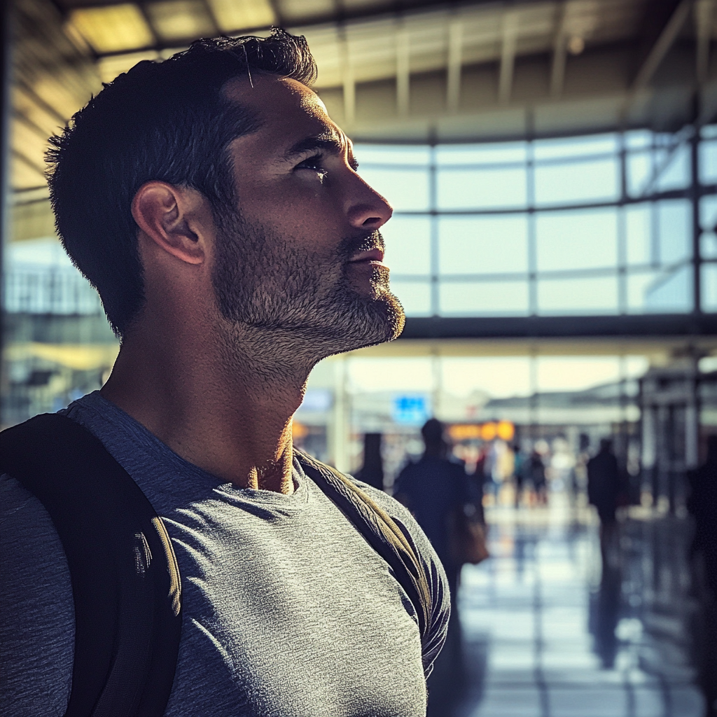 Un homme debout dans un aéroport | Source : Midjourney