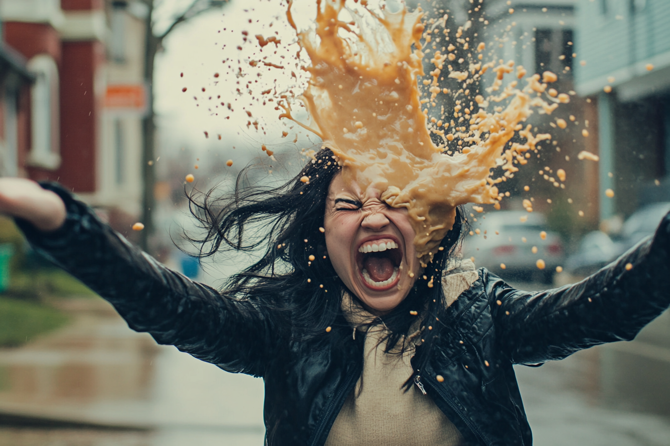 Une femme qui se fait éclabousser le visage avec de la soupe | Source : Midjourney