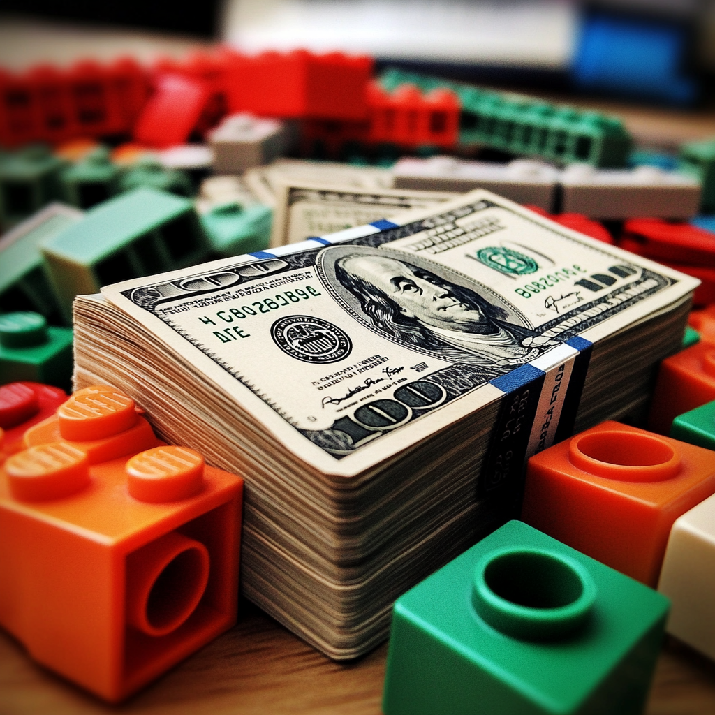 Une pile de dollars entre des blocs LEGO | Source : Midjourney