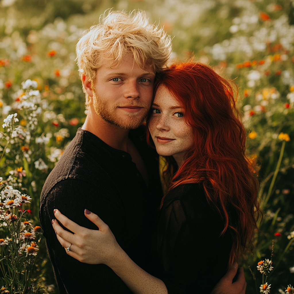 Un couple dans un champ de fleurs | Source : Midjourney