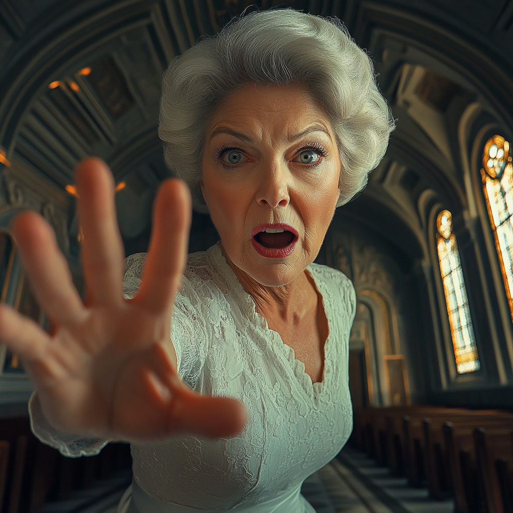 Une femme âgée frénétique dans une église | Source : Midjourney