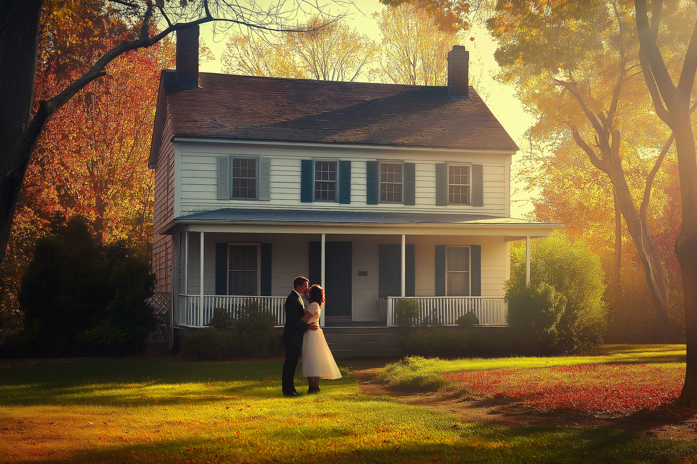 Un couple qui s'embrasse devant une jolie maison à deux étages | Source : Midjourney