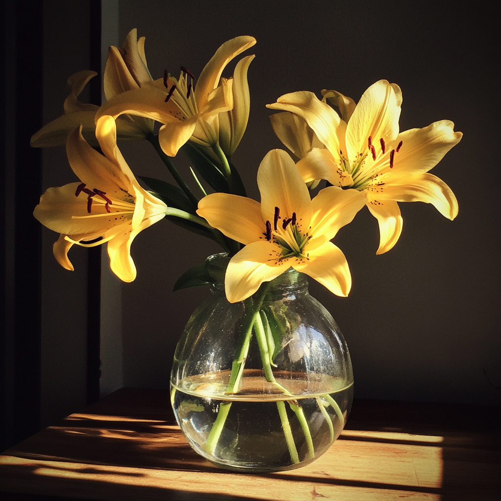 Lys jaunes dans un vase en verre | Source : Midjourney