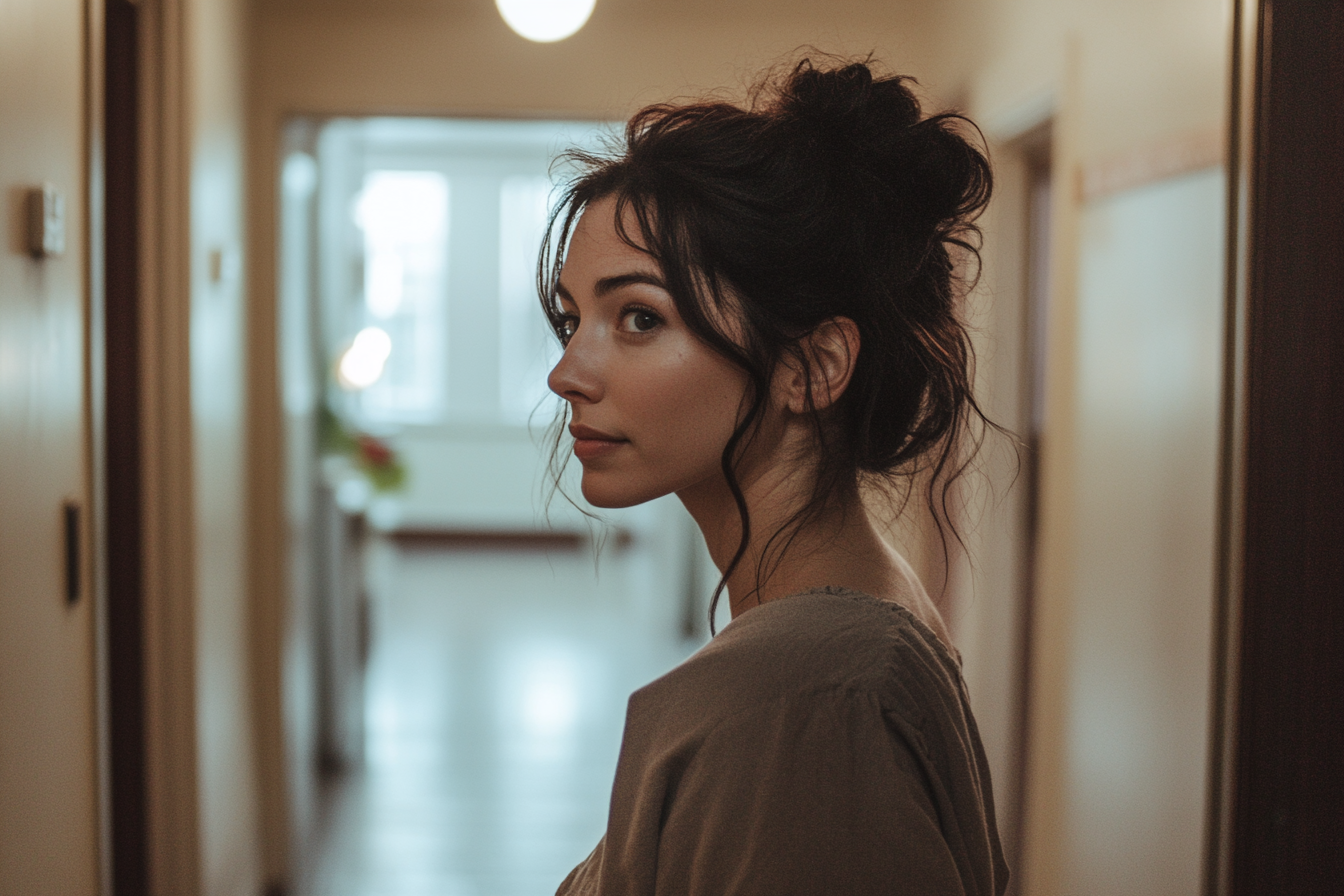 A pensive woman in the hallway of an apartment building | Source: Midjourney