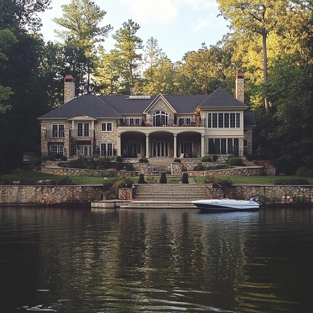 L'extérieur d'une maison au bord d'un lac | Source : Midjourney