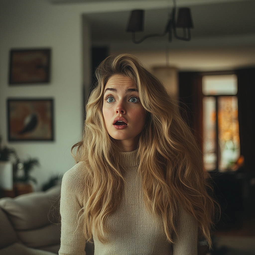 Une femme choquée debout dans son salon | Source : Midjourney