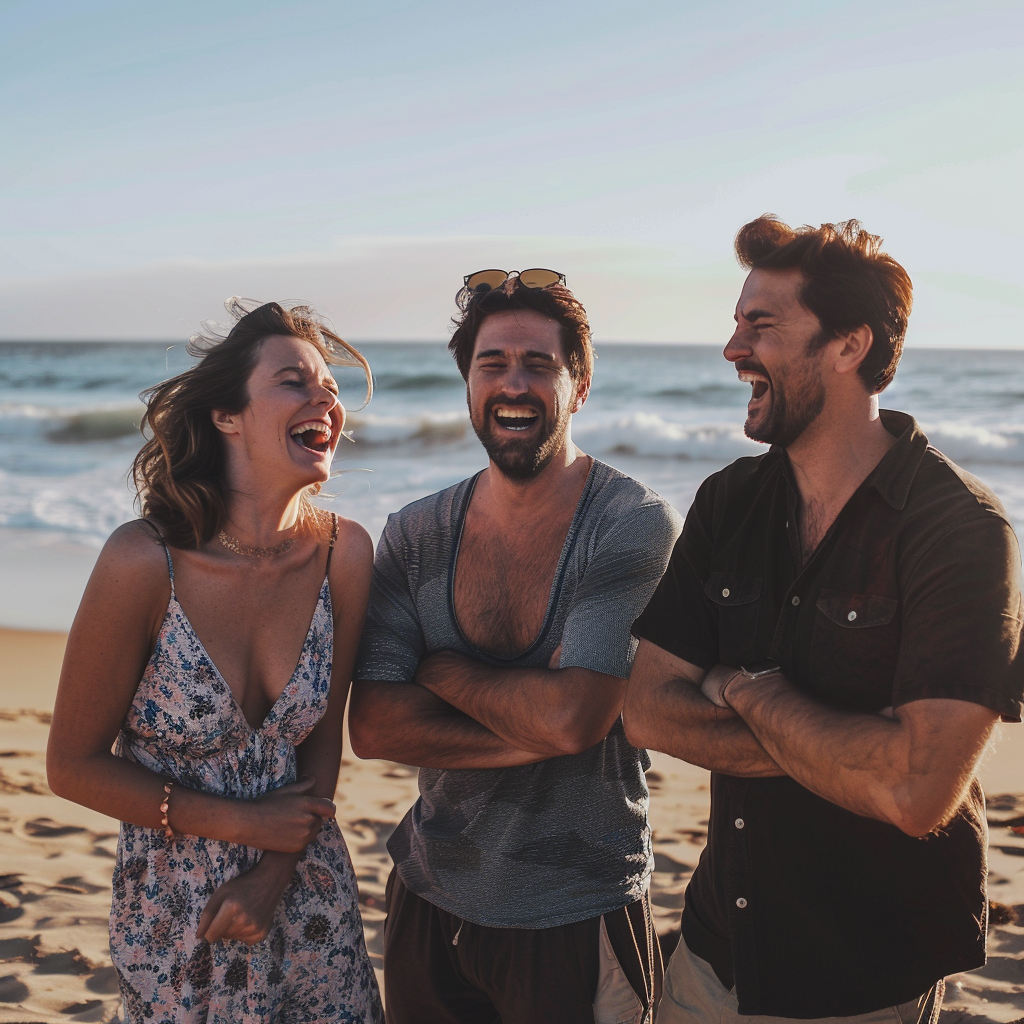 Trois personnes qui rient ensemble à la plage | Source : Midjourney