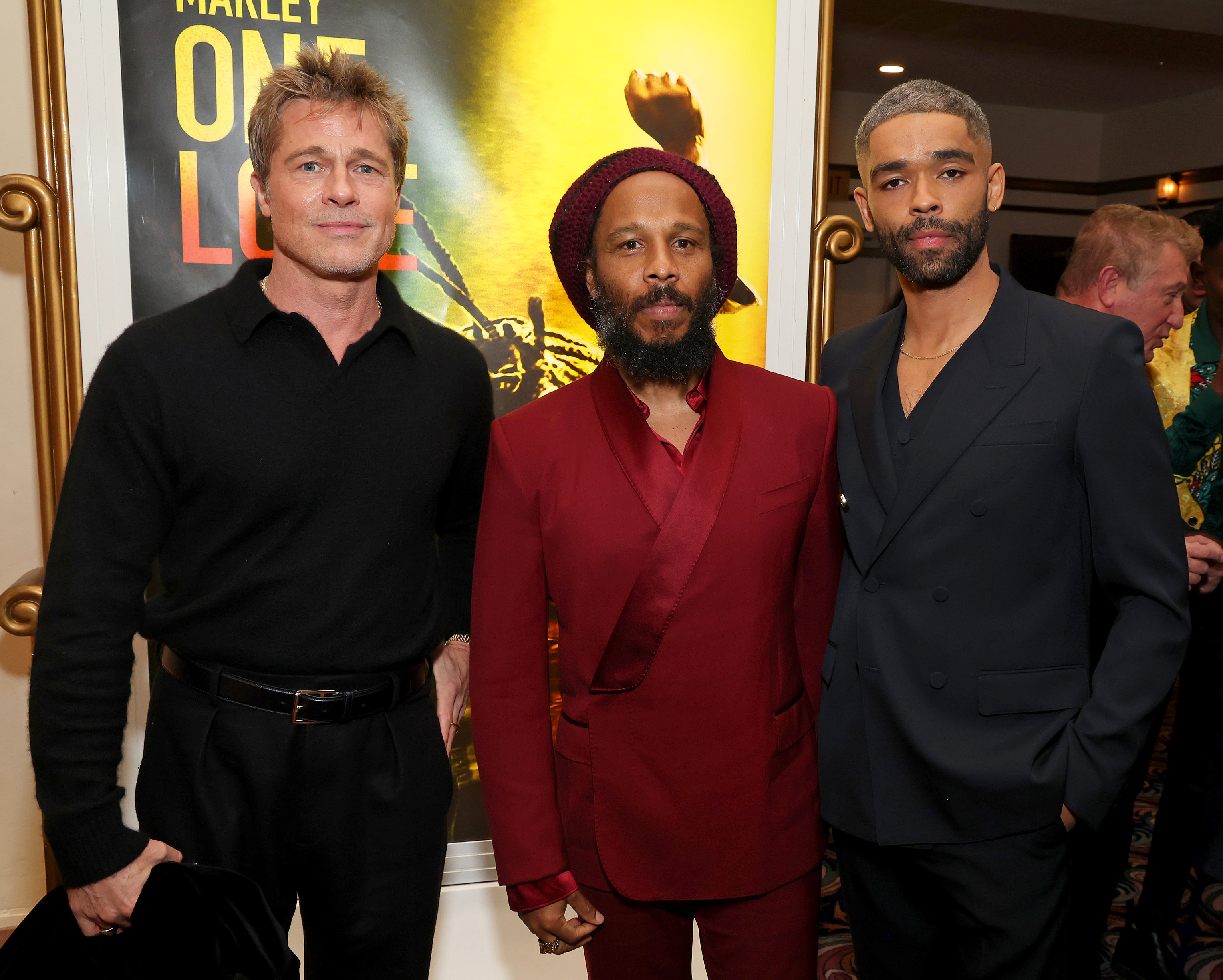 Brad Pitt, Ziggy Marley et Kingsley Ben-Adir lors de la première à Los Angeles de "Bob Marley : One Love" au Regency Village Theatre le 6 février 2024, à Los Angeles, en Californie. | Source : Getty Images