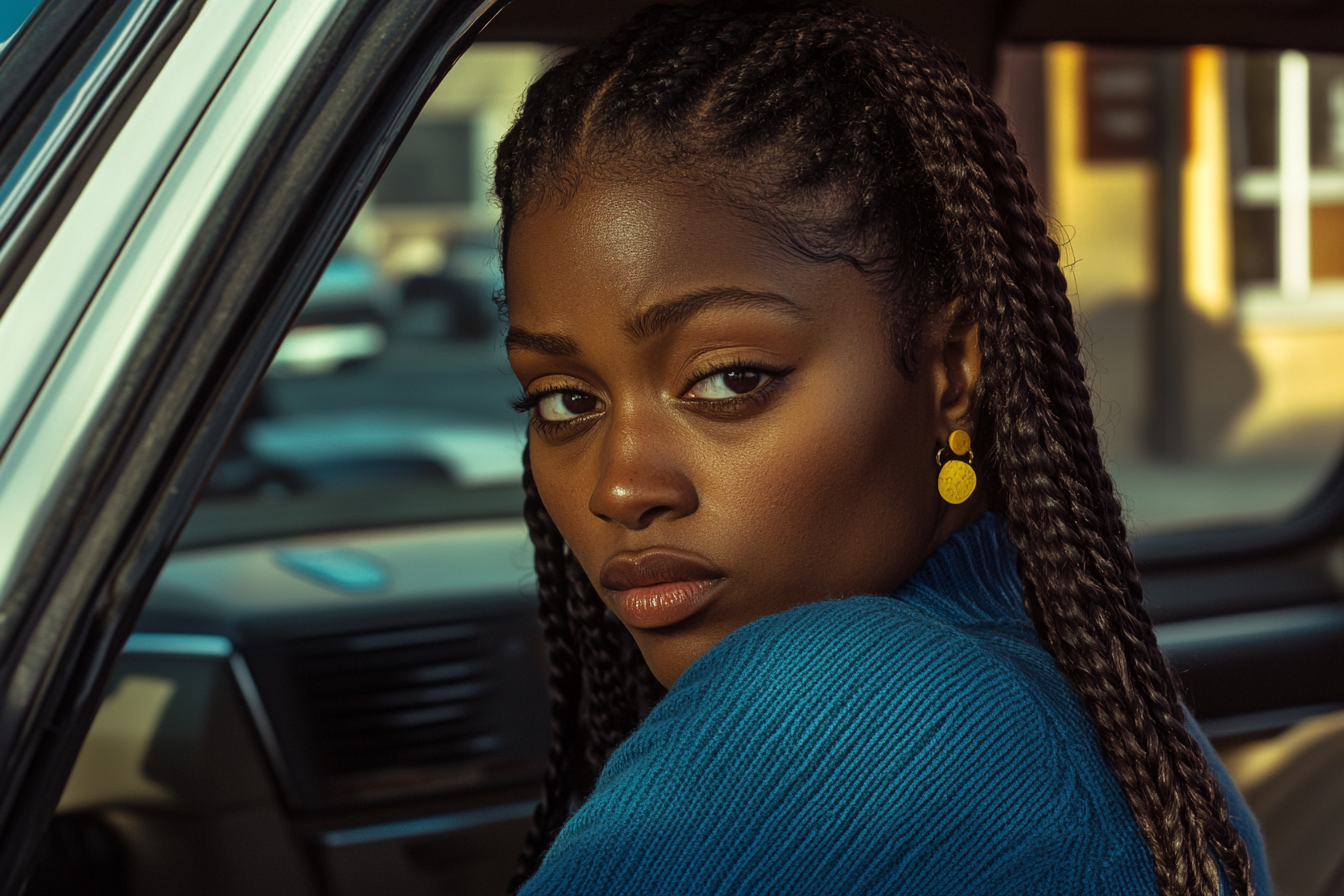 Une femme regarde ailleurs alors qu'elle sort de la voiture dans un parking | Source : Midjourney