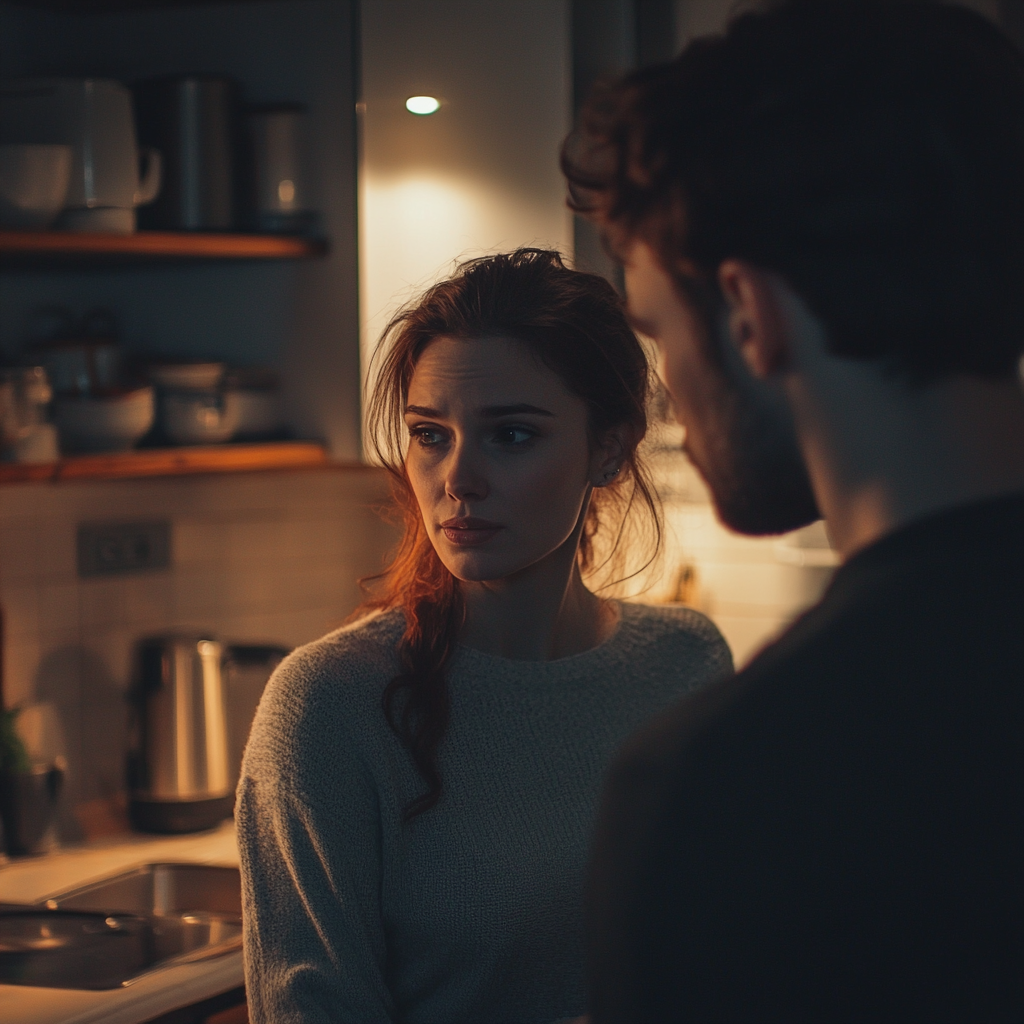 Une femme inquiète avec un homme dans la cuisine | Source : Midjourney