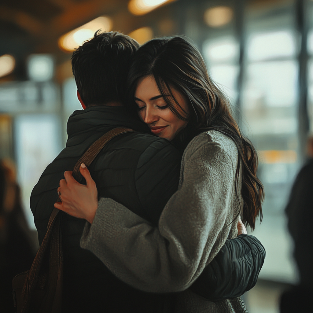 Une femme qui serre son mari dans ses bras dans un aéroport | Source : Midjourney