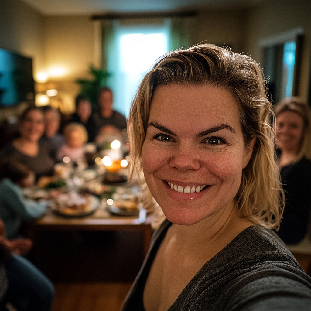 Gros plan sur une femme heureuse qui prend un selfie pendant un dîner en famille | Source : Midjourney