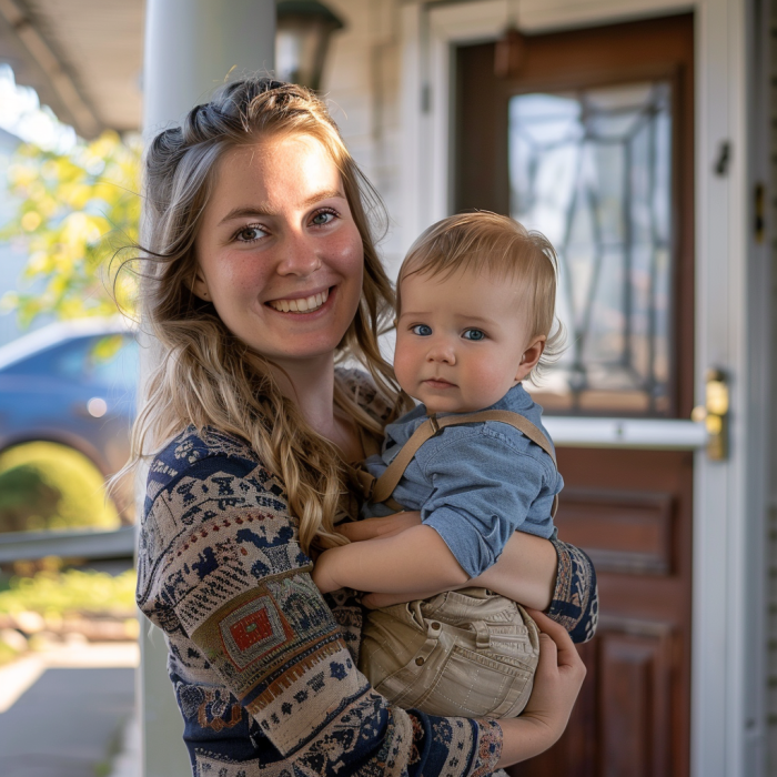 Une femme tenant un bébé garçon debout sur le porche d'entrée d'une maison | Source : Midjourney