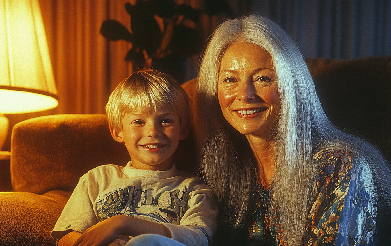 An elderly woman and her grandson sitting on a sofa, smiling | Source: Midjourney