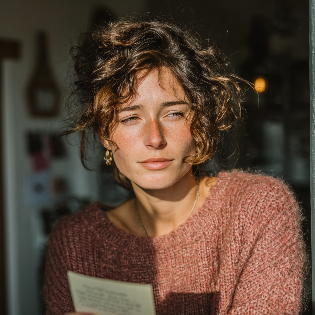 Une femme plisse les yeux en lisant une note | Source : Midjourney