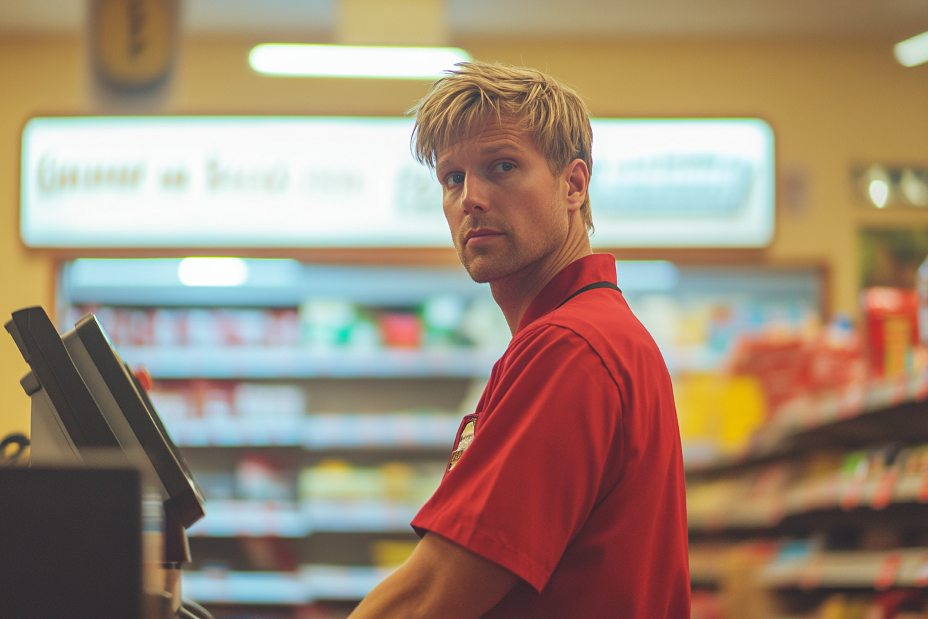 Un homme en uniforme rouge travaillant comme caissier dans une épicerie | Source : Midjourney