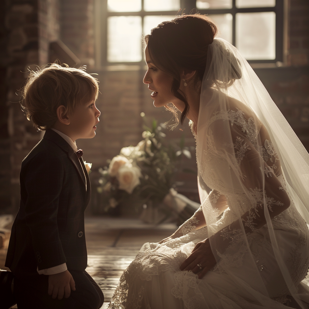 Une mariée qui parle à un enfant | Source : Midjourney