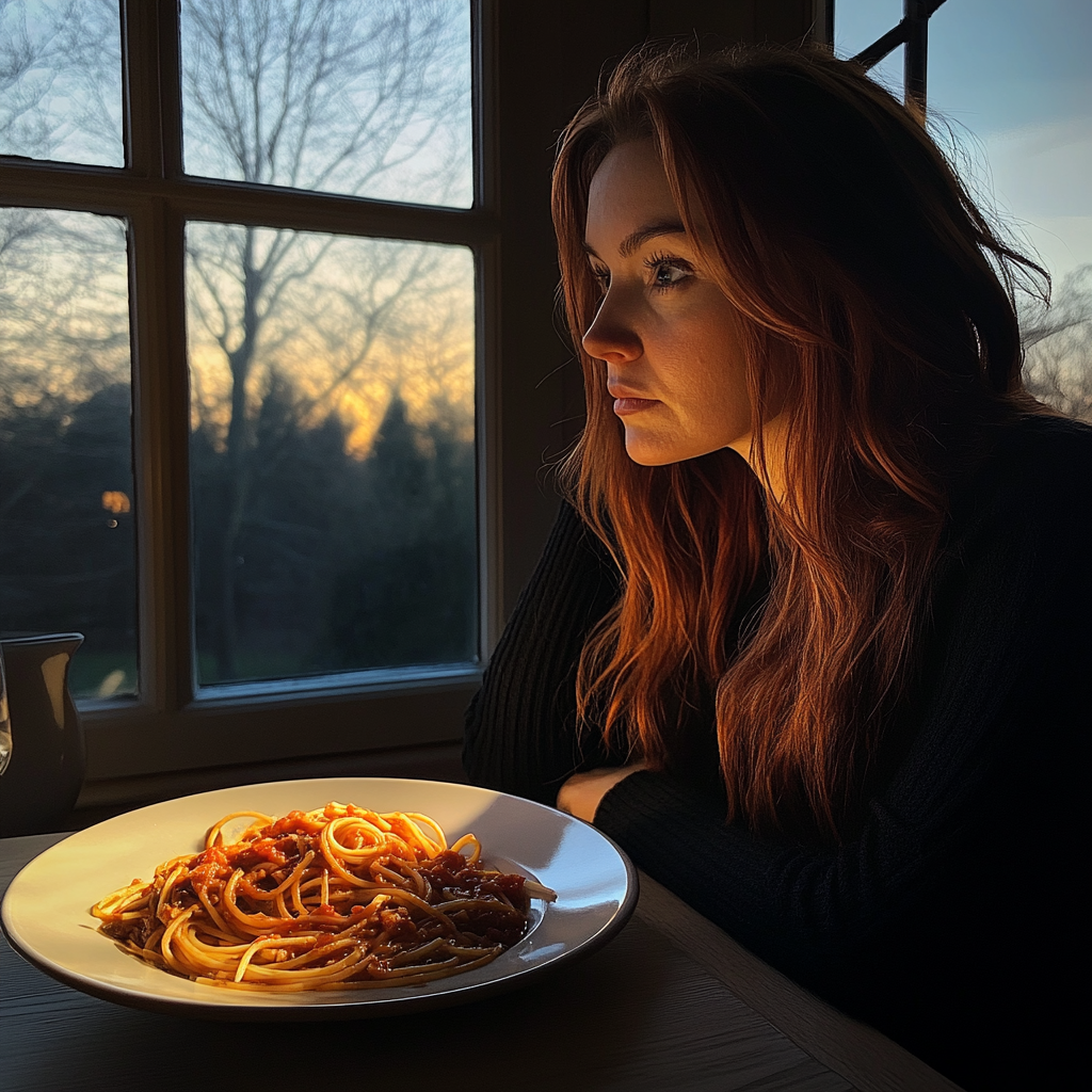 Une femme pensive assise à une table à manger | Source : Midjourney