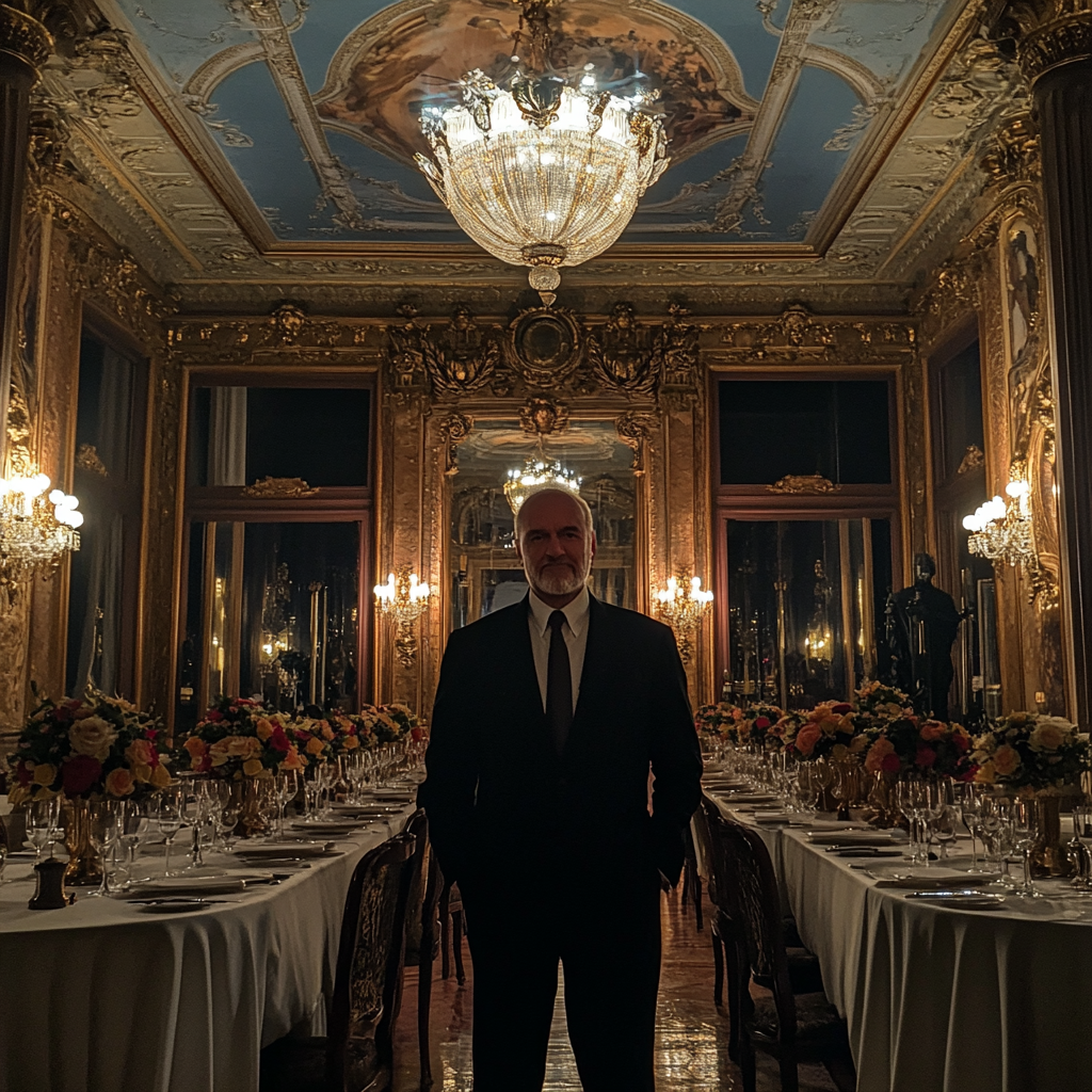 Un homme debout dans une somptueuse salle à manger | Source : Midjourney