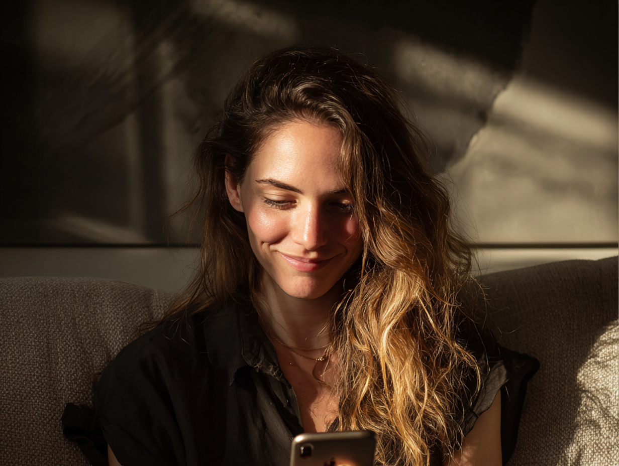 Une femme amusée qui envoie des textos sur son téléphone | Source : Midjourney