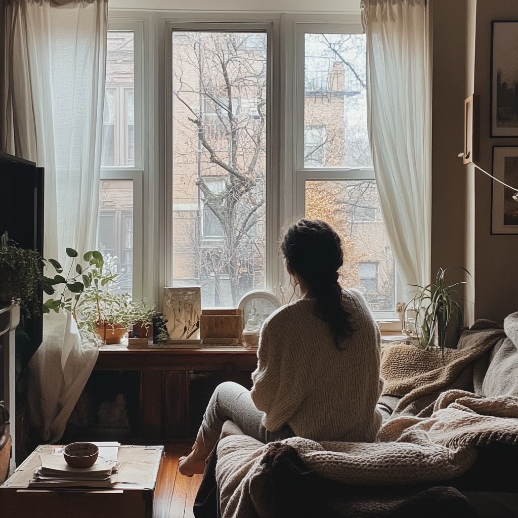 Une femme assise dans son appartement | Source : Midjourney