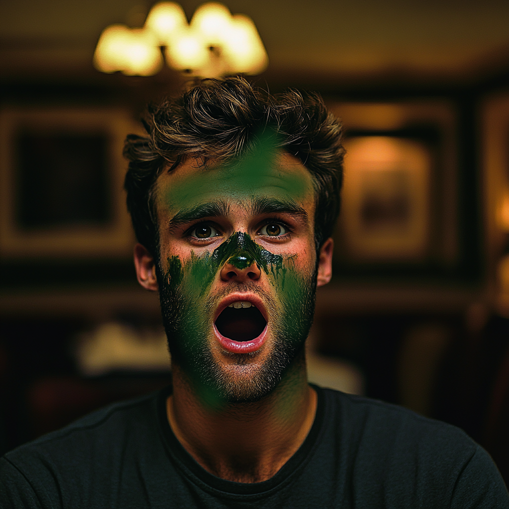 Un homme choqué dont le visage est recouvert de peinture verte | Source : Midjourney