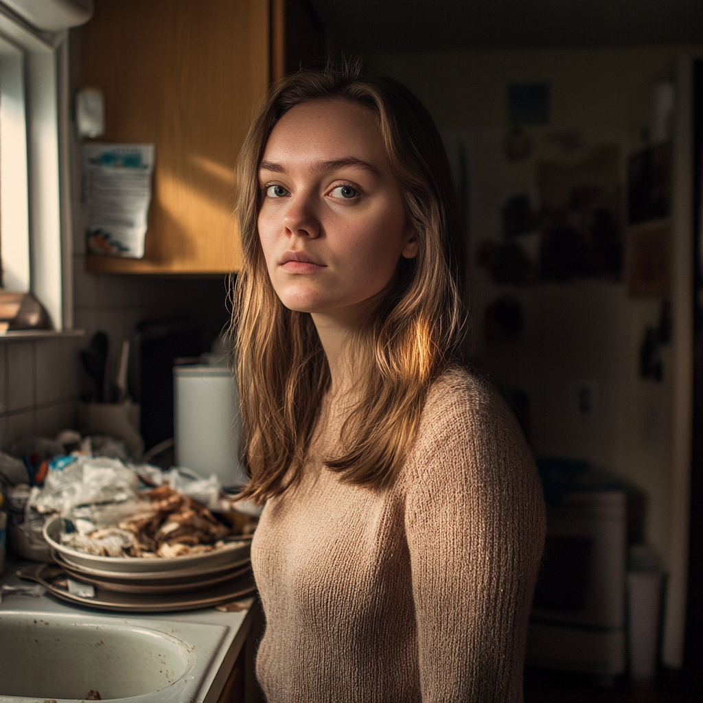 Une femme debout dans une cuisine en désordre avec de la vaisselle sale empilée sur le comptoir | Source : Midjourney