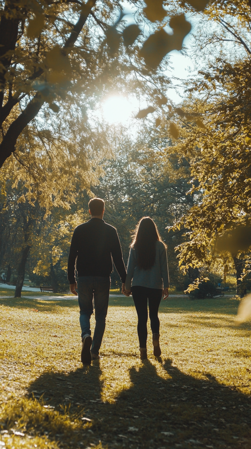 Un couple se promenant dans un parc | Source : Midjourney