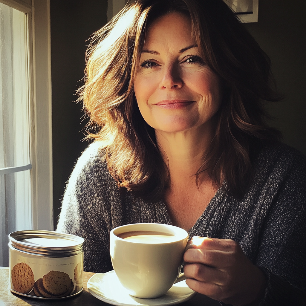 Une femme assise avec une tasse de café | Source : Midjourney