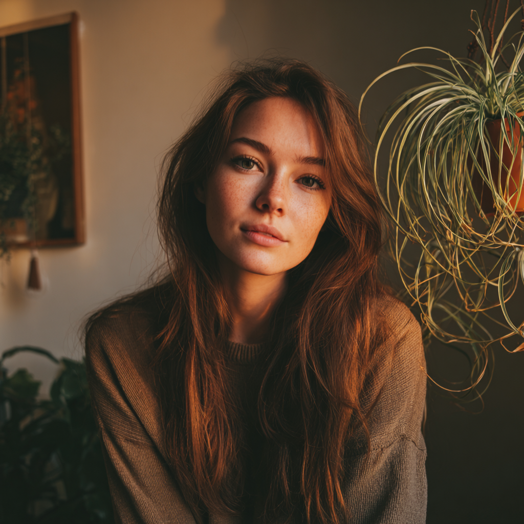 Une femme souriante assise dans un appartement | Source : Midjourney