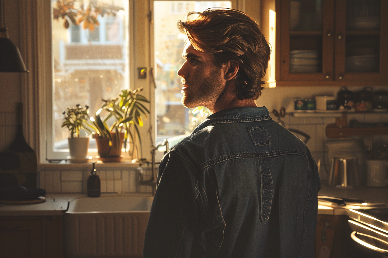 Vue arrière d'un homme debout dans sa maison | Source : Midjourney