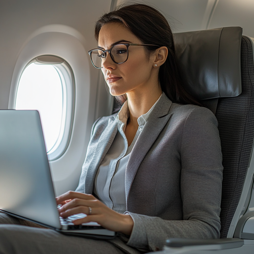 La femme qui travaille sur son ordinateur portable dans l'avion | Source : Midjourney