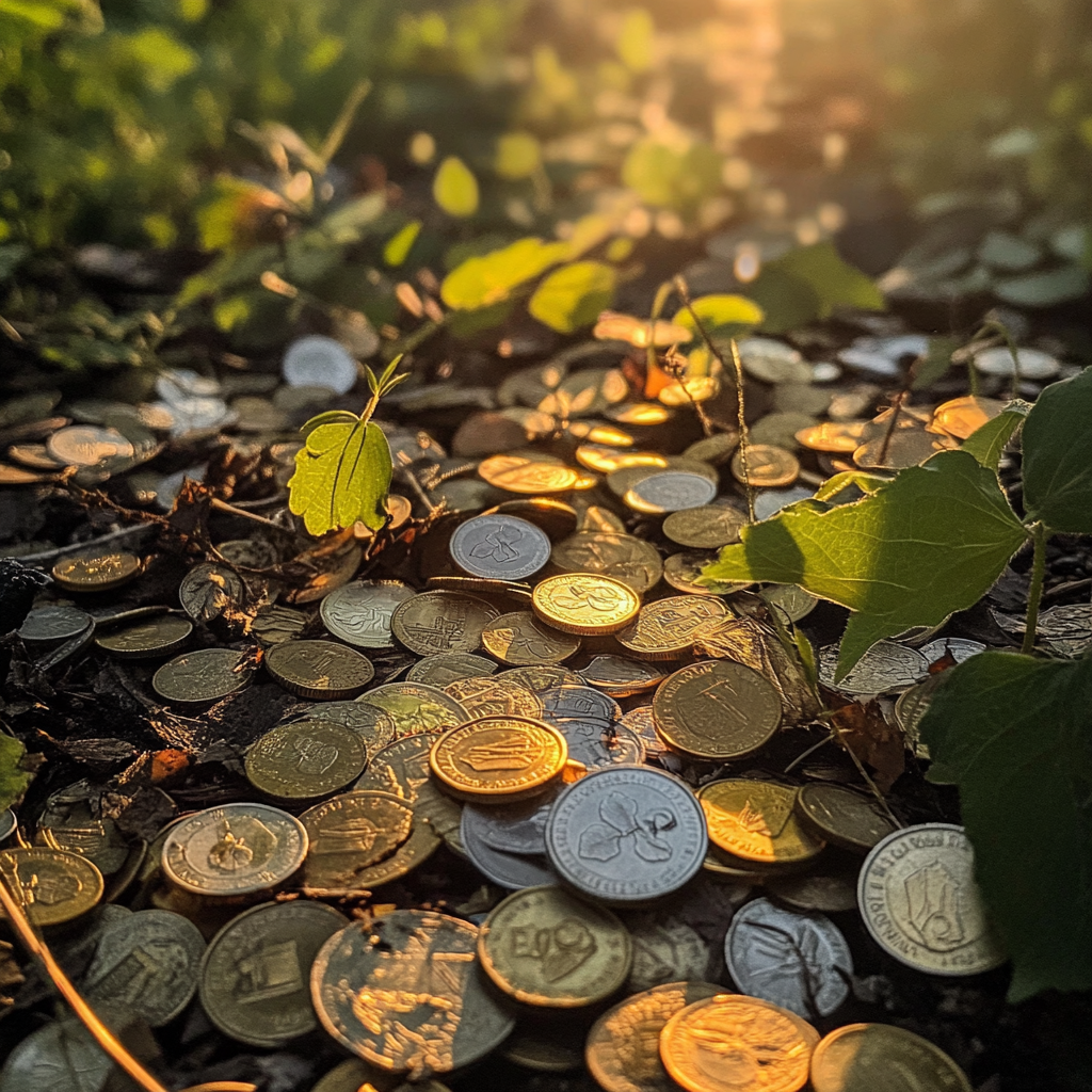 Pièces de monnaie éparpillées dans la brousse | Source : Midjourney