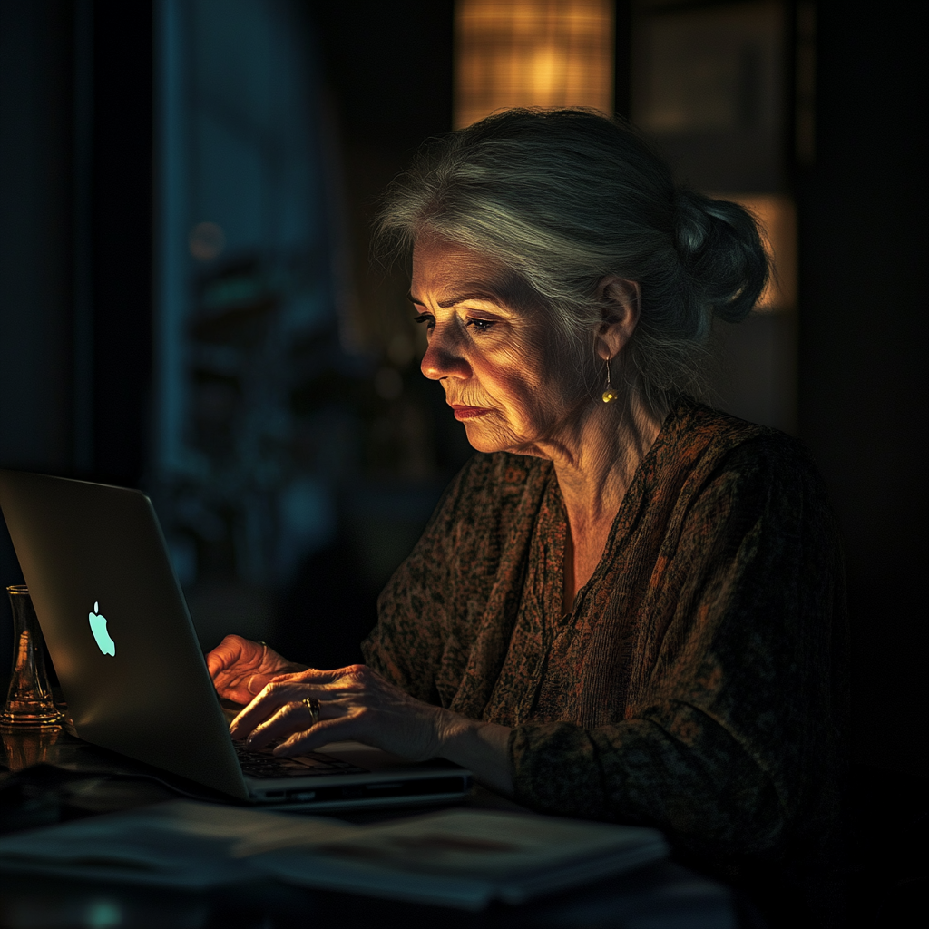 Une femme travaillant sur son ordinateur portable la nuit | Source : Midjourney