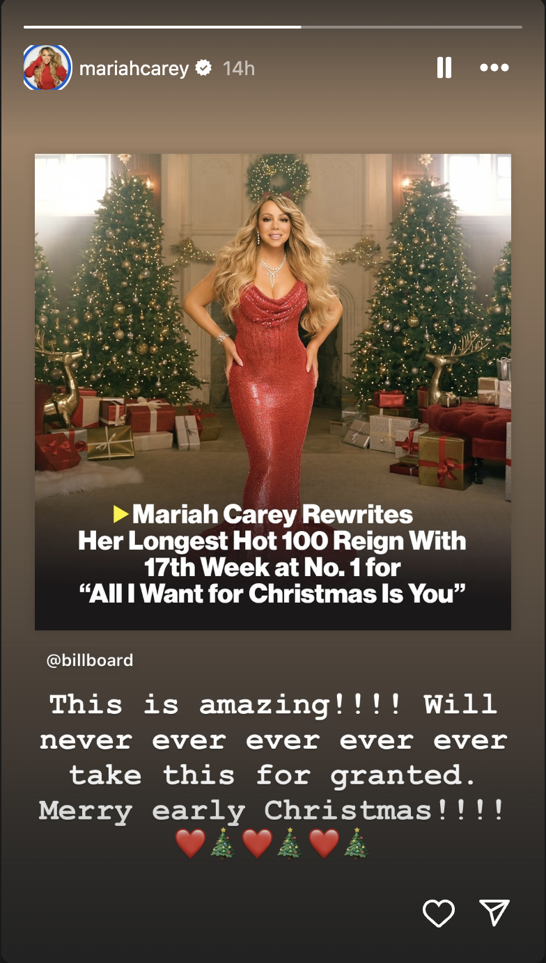 Réaction de Mariah Carey à la réalisation de son étape importante, postée le 23 décembre 2024 | Source : Instagram/mariahcarey