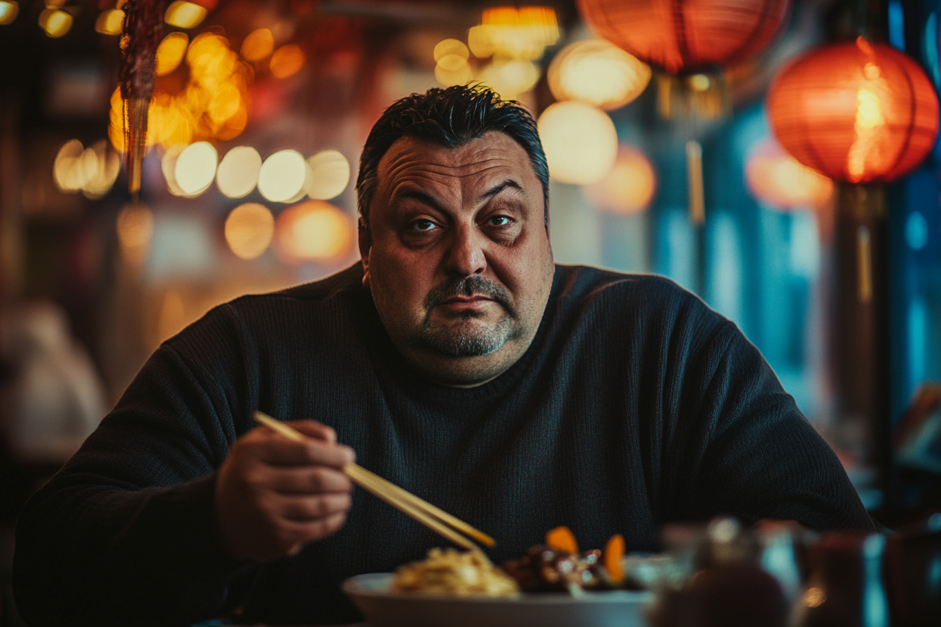 A man looking serious at a Restaurant chinois | Source : Midjourney