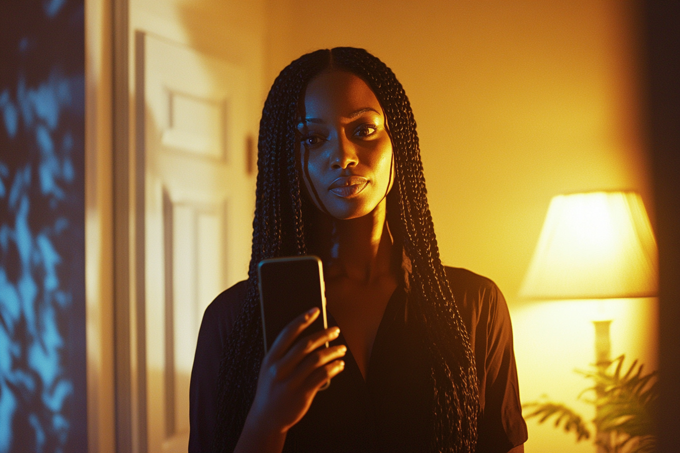 A woman holding up a phone in a living room at night | Source: Midjourney