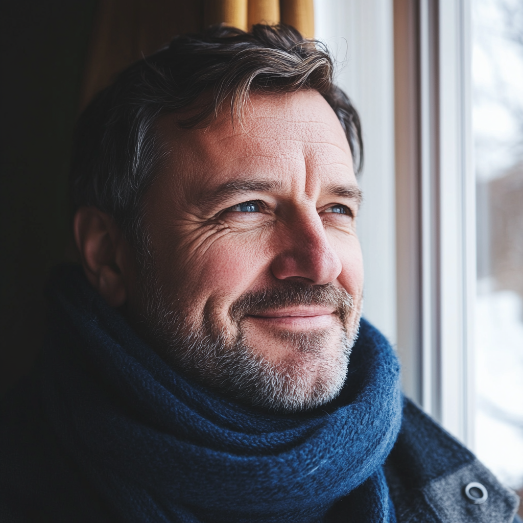 Un homme souriant avec une écharpe bleue | Source : Midjourney