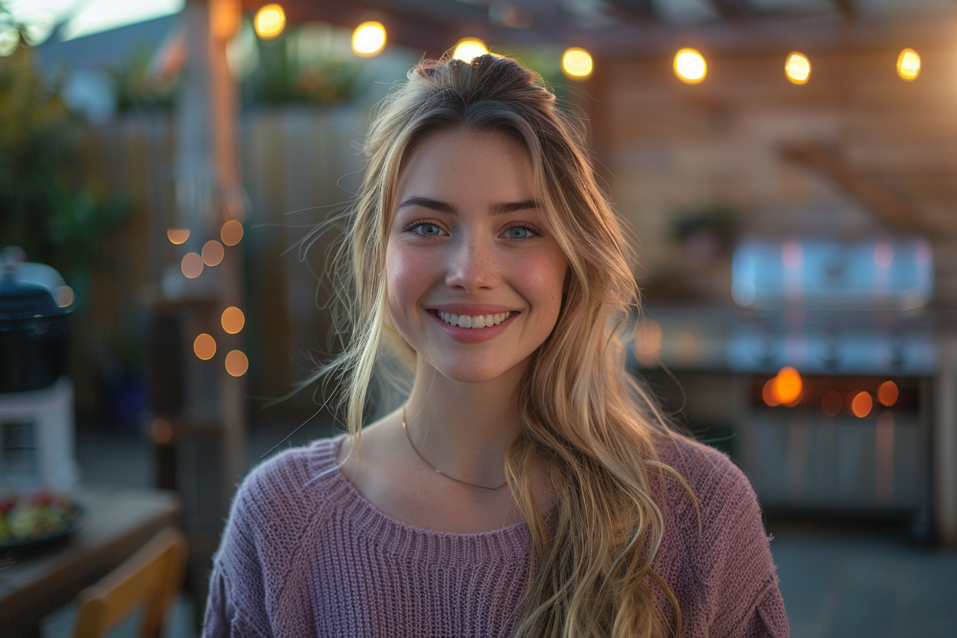 Jeune femme souriante sur fond de fête familiale autour d'un barbecue | Source : Midjourney