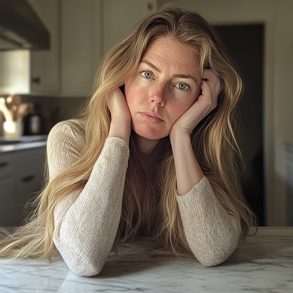 Une femme appuyée sur un comptoir de cuisine | Source : Midjourney