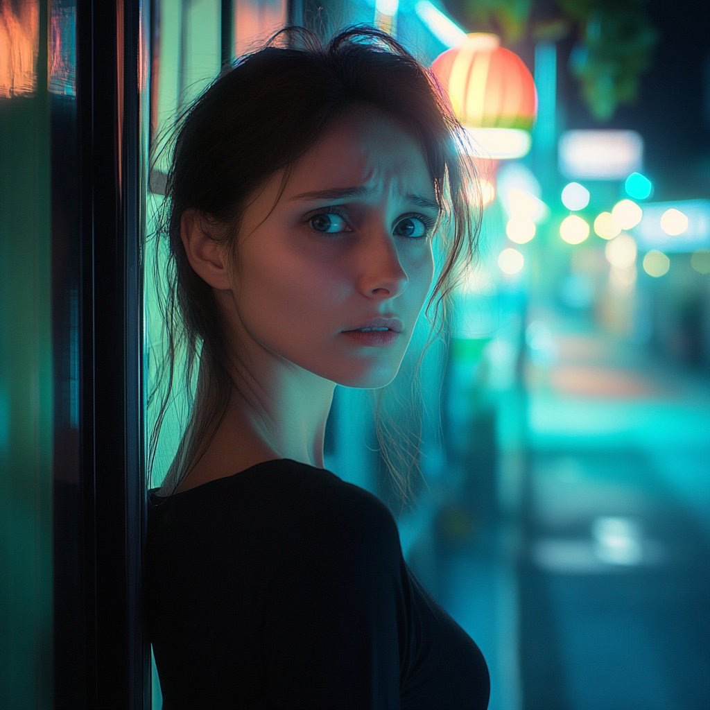 A woman standing outside a bar | Source: Midjourney