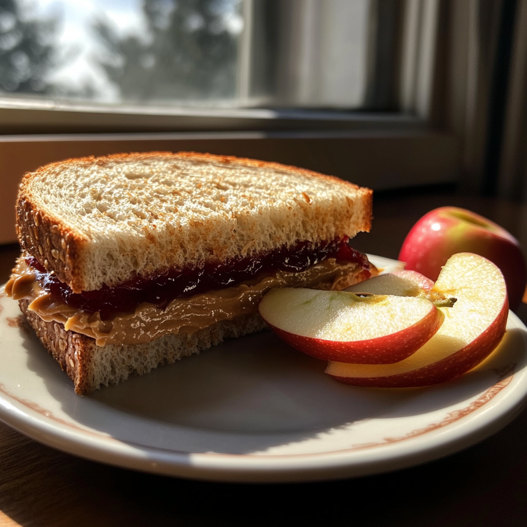 Un sandwich au beurre de cacahuète et à la gelée et des tranches de pommes | Source : Midjourney