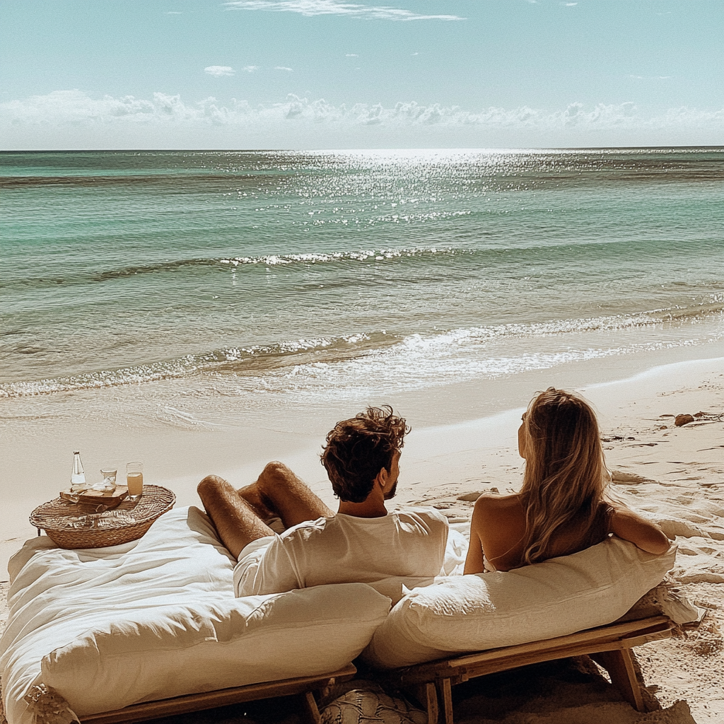 Un couple se prélassant sur une plage | Source : Midjourney