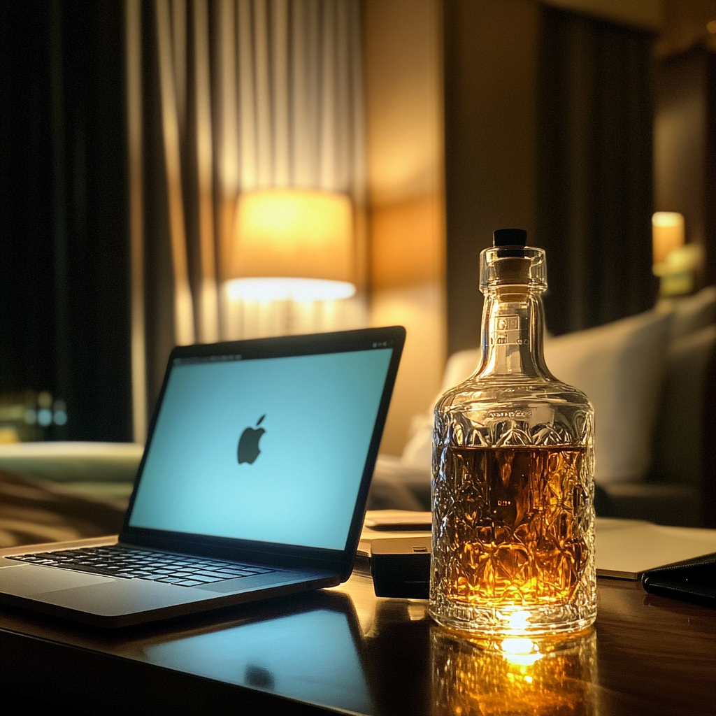 Un ordinateur portable et une bouteille de whisky | Source : Midjourney