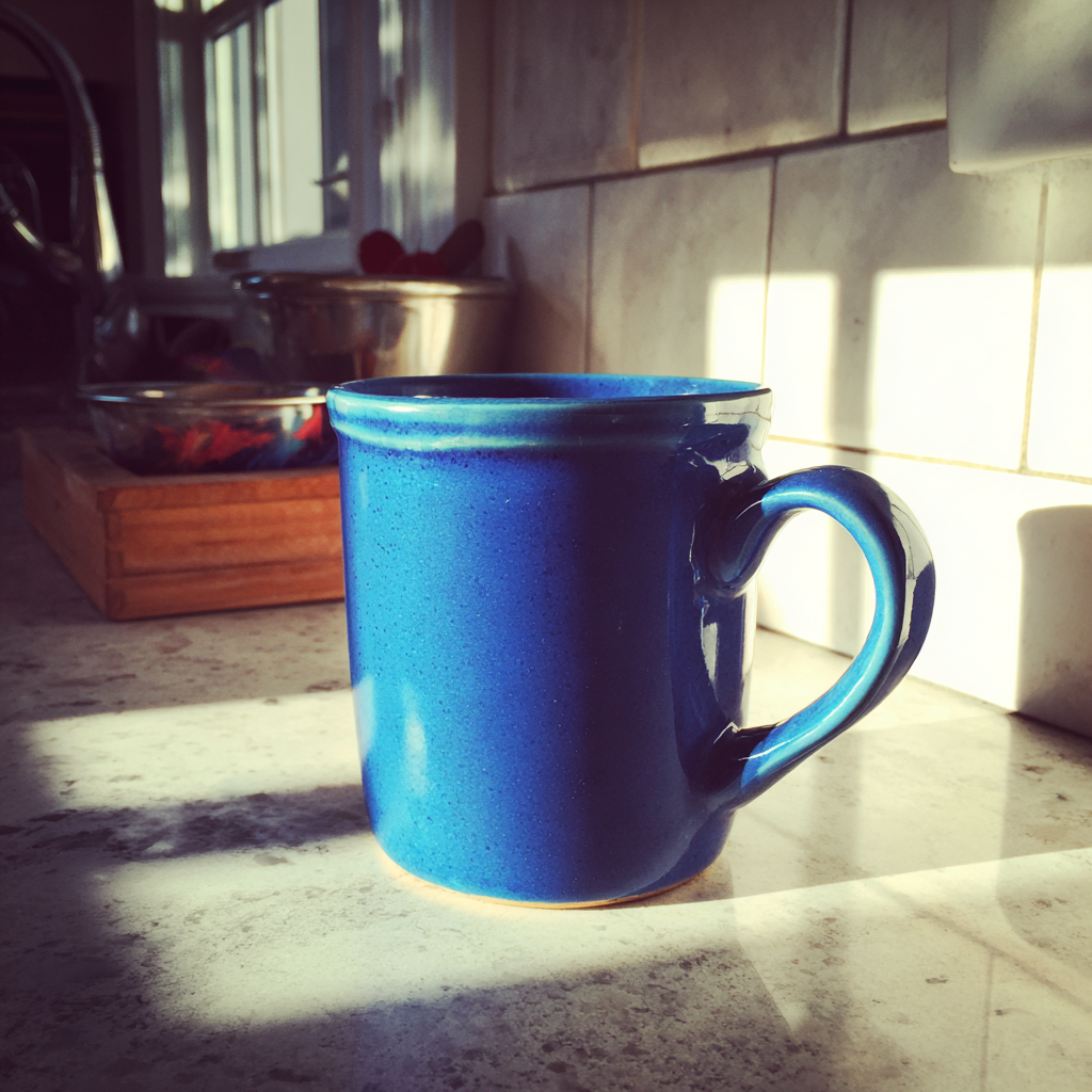 Une tasse bleue dans un comptoir de cuisine | Source : Midjourney