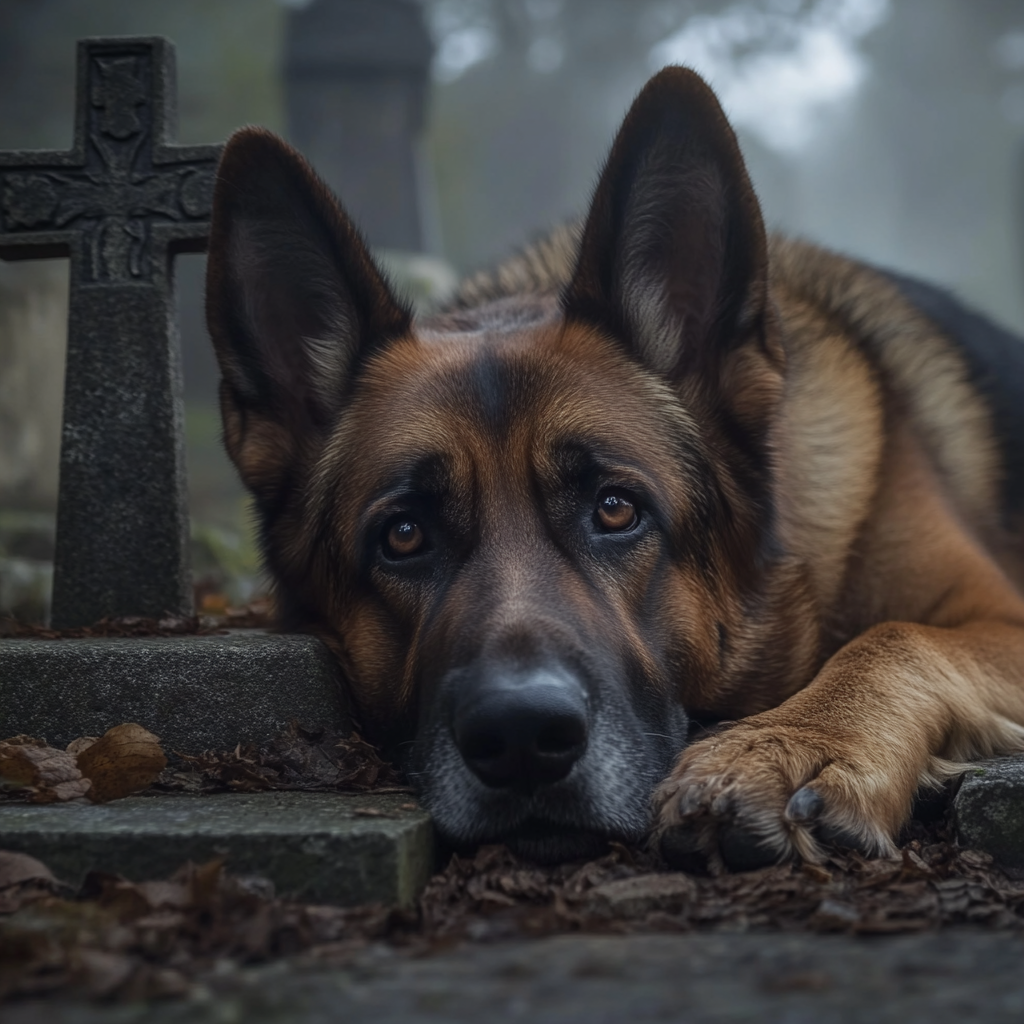 Un berger allemand en deuil couché dans un cimetière | Source : Midjourney