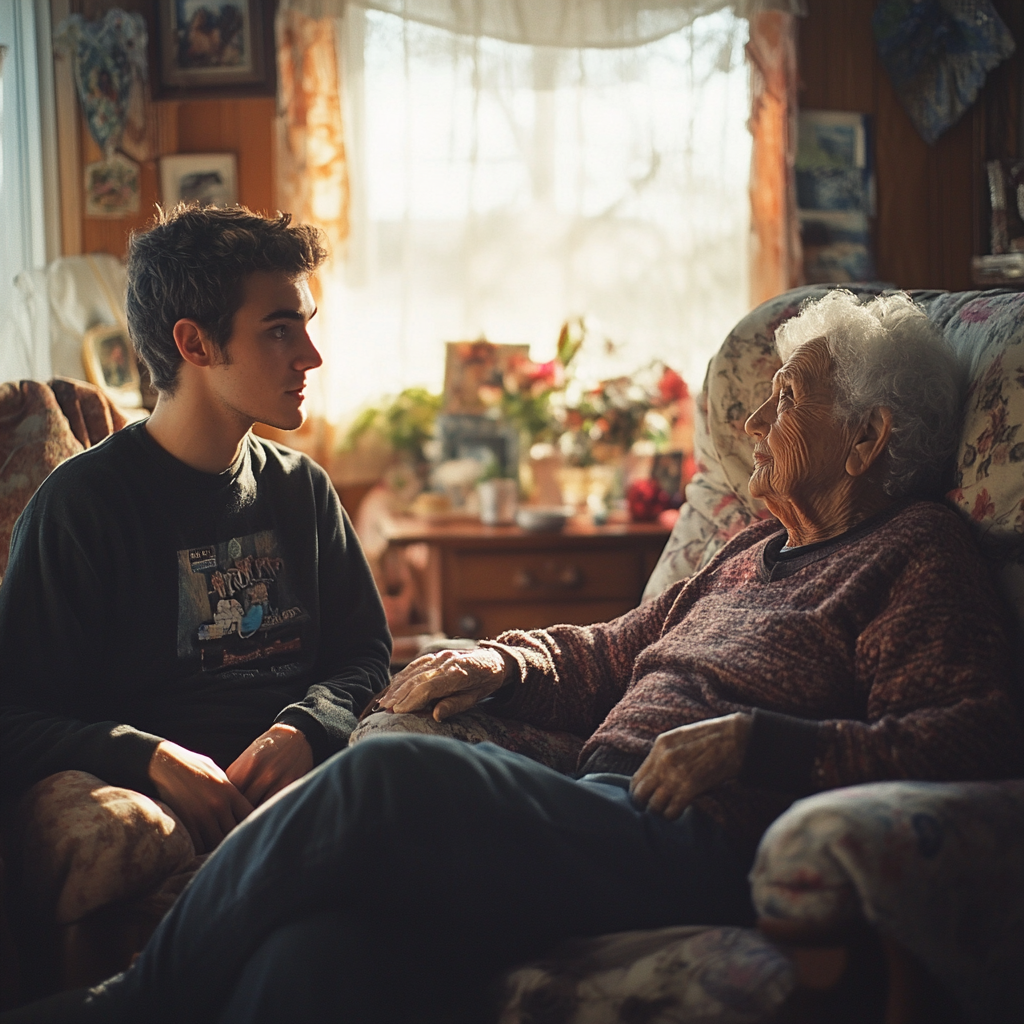 Un homme qui parle à sa grand-mère | Source : Midjourney